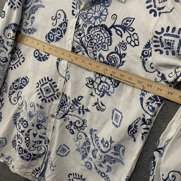 Chicos Linen Top Shirt Womens Sz 2‎ US 12 White Blue Paisley Floral Roll Tab - Picture 7 of 7
